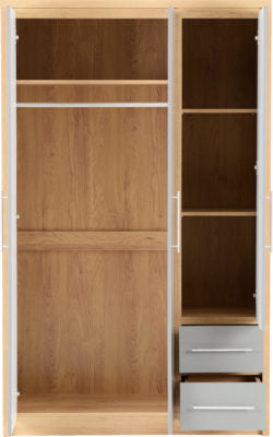 Seville 3 Door 2 Drawer Wardrobe
Grey High Gloss/Light Oak Effect Veneer