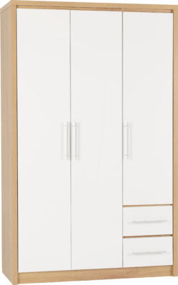 Seville 3 Door 2 Drawer Wardrobe
White High Gloss/Light Oak Effect Veneer