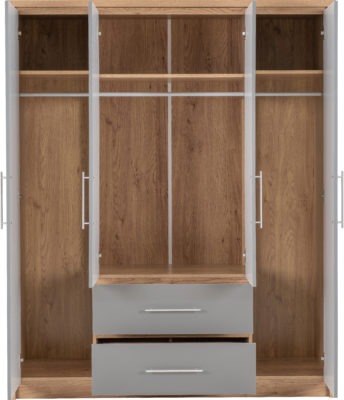 Seville 4 Door 2 Drawer Wardrobe
Grey High Gloss/Light Oak Effect Veneer
