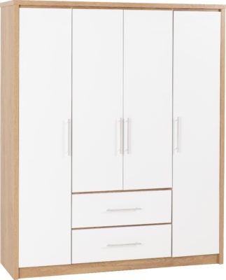 Seville 4 Door 2 Drawer Wardrobe
White High Gloss/Light Oak Effect Veneer